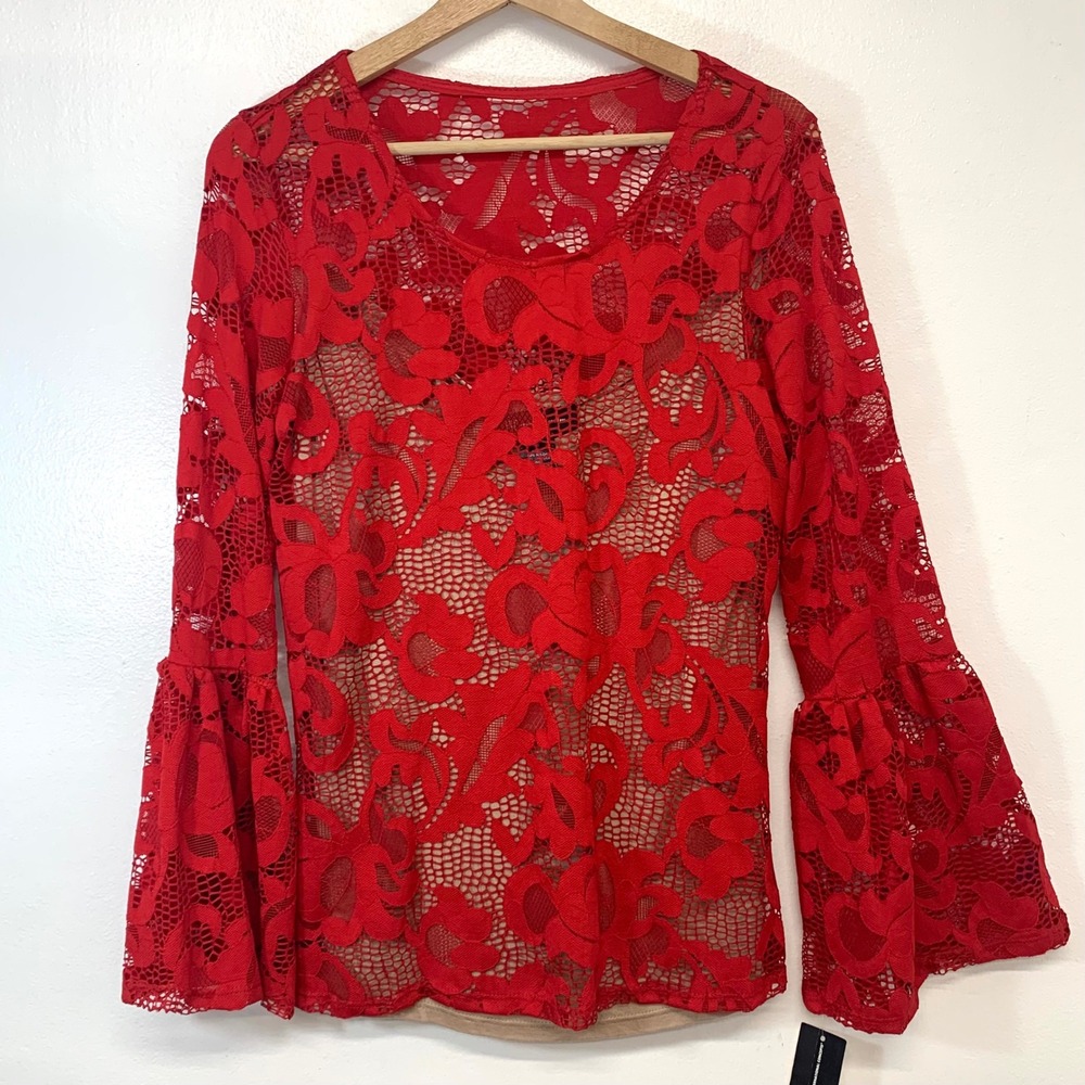 INC Red Lace Long Bell Sleeve‎ Blouse Top  Real Red Medium Lined New Feminine